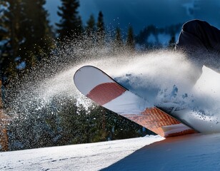 close up of snowboard edge cutting sharply through fresh snow with powder spraying in dynamic motion