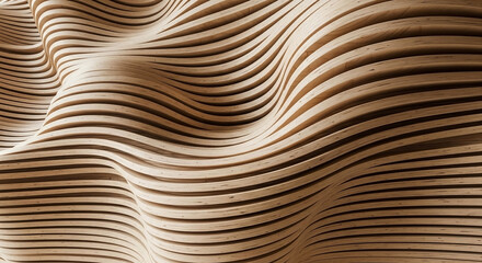 Dynamic 3D background of undulating wooden layers forming a smooth, organic wave pattern with flowing parallel lines