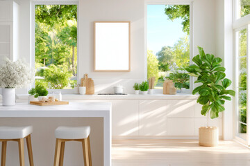 A bright and airy kitchen with a large island a few stools and a large blank frame on the wall creating an ideal setting for home improvement content