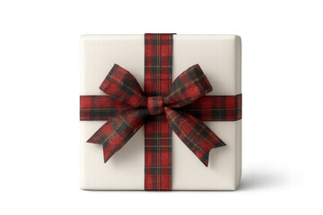 Festive white gift box adorned with red-black tartan ribbon, ready for holiday or birthday gifting, isolated background