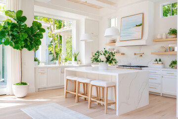 A bright and airy kitchen with a large island stools and a large blank frame on the wall offering a clean and simple backdrop for creative visualizations