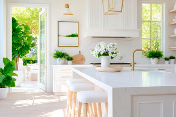 A bright and airy kitchen with a large island stools and a large blank frame on the wall perfect for showcasing a sense of space and light