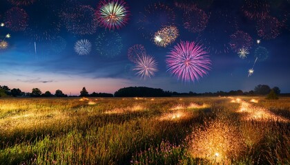 an open field with fireworks illuminating the night above