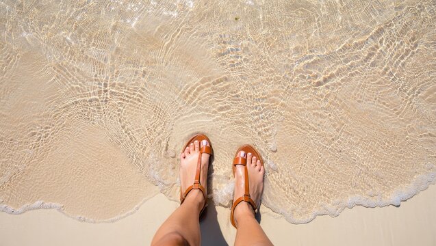 Title: Overhead view of a woman's feet in brown sandals standing on a sandy beach with clear ocean water gently washing over them
- Powered by Adobe