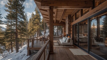 Fototapeta premium Cozy luxury mountain retreat with roaring fireplace and stunning winter forest views