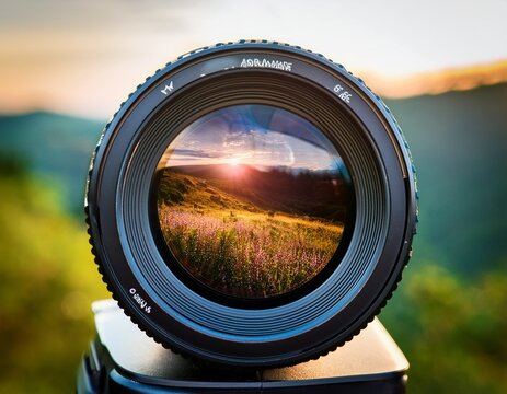 a close up of a camera lens capturing a beautiful nature scene