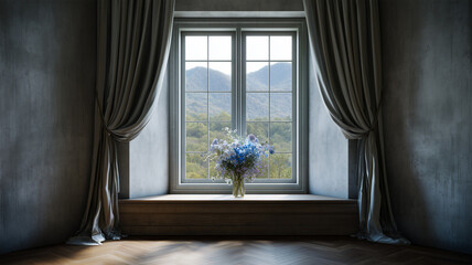 コンクリ壁と濃色床の落ち着く出窓の室内空間