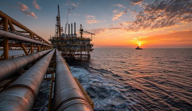 Industrial pipelines lead to offshore oil, gas platfrm at sunset. Large oil ri in ocean with crane, pipe. Vast sea with small boat scattered throughout
