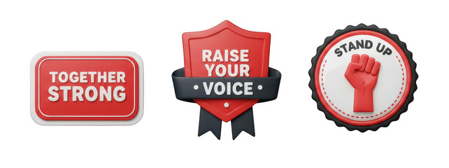 Set of badges promoting unity, activism rights and protest on transparent background