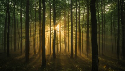 Obraz premium Enchanting forest bathed in golden sunrise light with ethereal sunbeams creating a magical atmosphere