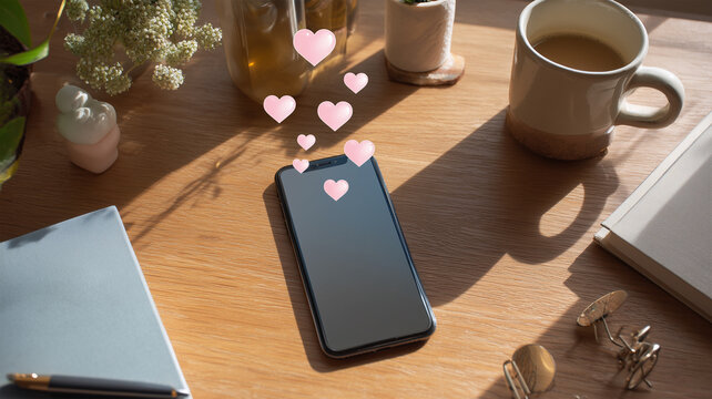 木のテーブルのスマホから浮かぶハートの俯瞰構図