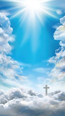 Holy cross standing on clouds in bright sunlit blue sky with rays of light, symbolizing faith and salvation, spiritual event concept.