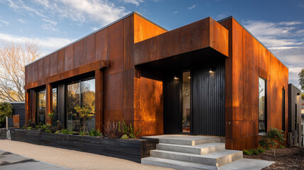 コールテン鋼外壁と黒枠が際立つスタイリッシュ外観