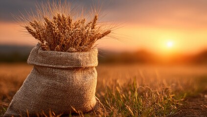 Golden wheat in burlap sack at sunset