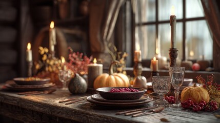 Naklejka premium Thanksgiving Dinner Table with Pumpkins, Candles and Roasted Turkey