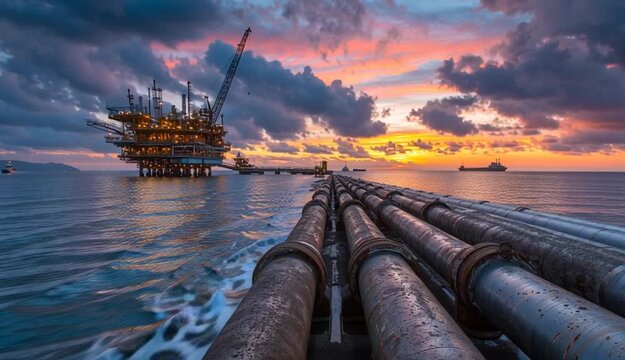Industrial pipelines lead to offshore oil, gas platfrm at sunset. Large oil ri in ocean with crane, pipe. Vast sea with small boat scattered throughout
