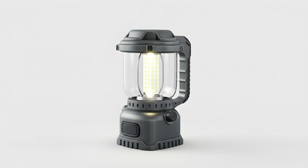 Illuminated Modern Camping Lantern on White Background. Portable LED Light for Outdoor Adventures, Emergencies, and Home Use. Rugged Design for Rel...