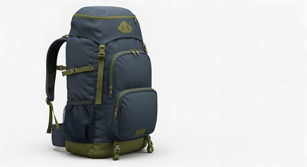 Naklejka premium Durable Outdoor Hiking Backpack for Trekking and Camping Adventures. Spacious Rucksack with Multiple Compartments in Blue and Olive Green.