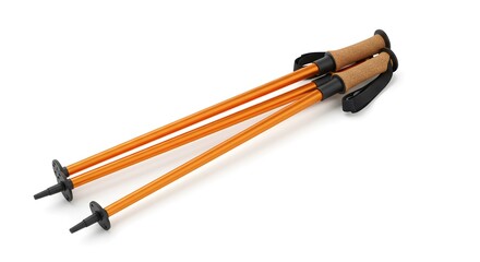Fototapeta premium Pair of Bright Orange Collapsible Trekking Poles with Ergonomic Cork Handles, Isolated on a Clean White Background, Ready for Hiking and Outdoor Ad...