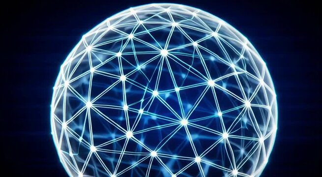 abstract wireframe blue sphere with shadow and lights on black background