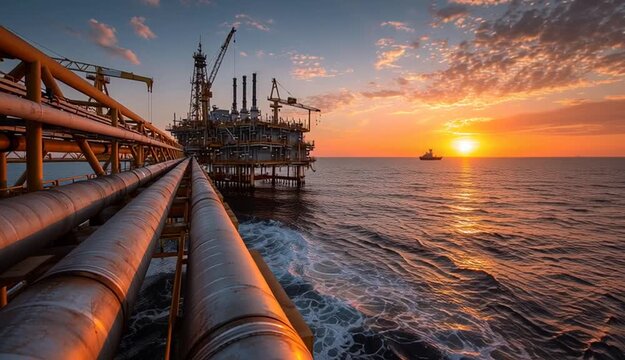 Industrial pipelines lead to offshore oil, gas platfrm at sunset. Large oil ri in ocean with crane, pipe. Vast sea with small boat scattered throughout
