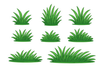 Set of green grass tufts. Vector cartoon illustration of natural lawn elements for landscaping or garden design. Lush foliage plants isolated on a transparent background.