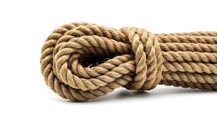 Fototapeta premium Textured Natural Fiber Rope with a Secure Knot on White Background, Rustic Braided Twine Detail
