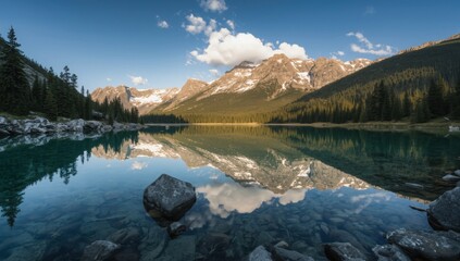 Fototapeta premium Serene mountain lake reflecting snow capped peaks and evergreen forest scenery