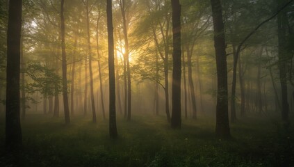 Fototapeta premium Sunlight streams through the misty forest creating a magical and ethereal scene