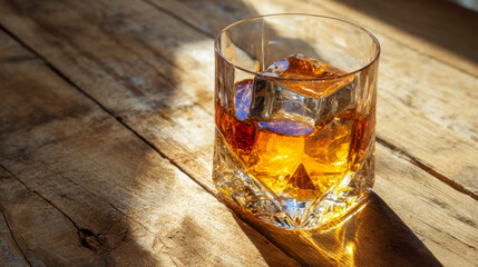 Glass of whiskey with ice cubes on a rustic wooden surface