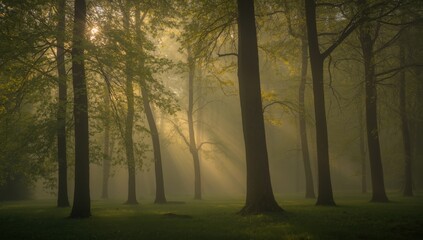 Sunlight streams through trees in a misty forest creating a magical atmosphere