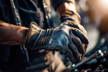 Close-up of a person wearing rugged leather gloves, preparing for motorcycle riding in warm sunlight