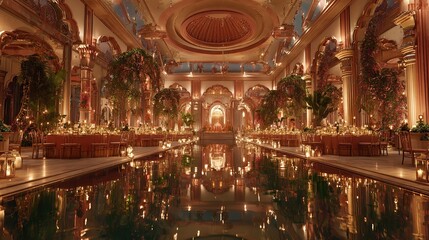Obraz premium Opulent ballroom reflecting golden lights and exquisite decor with a water feature creating stunning reflections