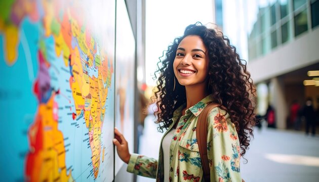 Young woman near world map outdoors