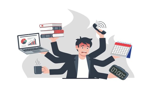 Animated Moving Banner Busy Worker With Multi Tasking In Office Flat Illustration - Powered by Adobe