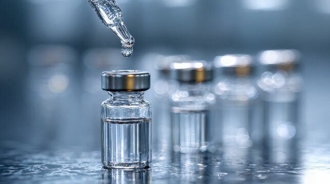 Close-up of small glass vials with metallic caps, medical or pharmaceutical storage containers, with a dropper releasing liquid into the first vial, under cool lighting.