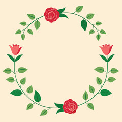 A wreath of red roses and green leaves set against a beige background, creating an elegant floral arrangement