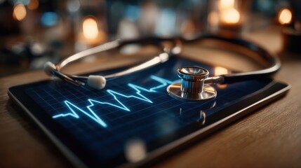 Modern stethoscope on a tablet displaying a blue ECG waveform, symbolizing advanced medical technology and diagnostics.