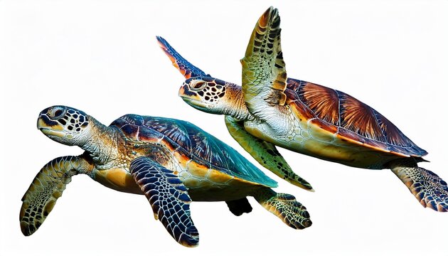 colorful sea turtles swimming ocean life aquatic animals white background - Powered by Adobe