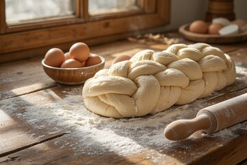 unbaked challah dough braided on floured surface with eggs and rolling pin