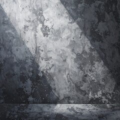 A grayscale interior scene featuring a textured concrete wall and floor, illuminated by angled sunlight.