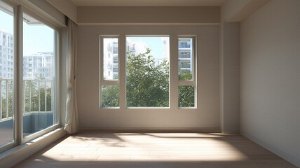 リネン壁と淡色床の落ち着いた日当たり良い室内