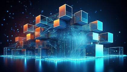 code compilation in 3d with a digital structure being built block by block each representing a different function or algorithm