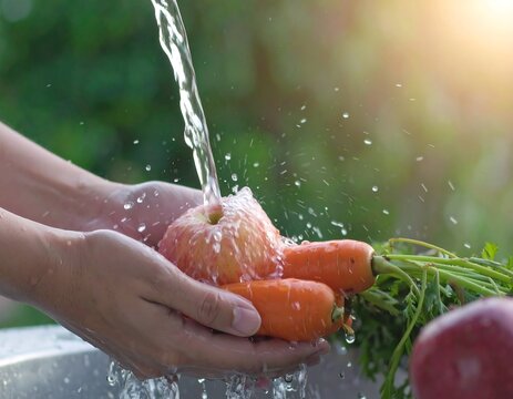 Fresh produce being washed under a water stream