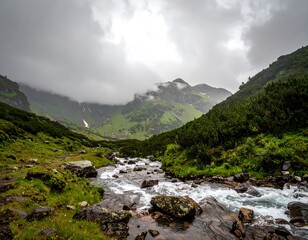 A tranquil mountain stream winds through a lush green valley, framed by misty peaks under a dramatic sky.