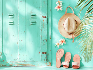 Fototapeta premium Summer Accessories and Tropical Flowers on Teal Weathered Door