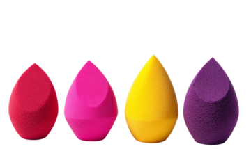 Colorful makeup sponges isolated on transparent background, cosmetic beauty blenders PNG cutout for mockup and design