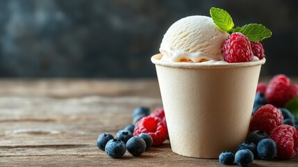 Creamy vanilla ice cream served with fresh raspberries, blueberries, and a mint garnish in a paper cup on rustic wooden surface