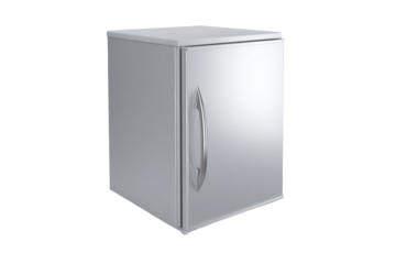 A silver refrigerator with a silver handle