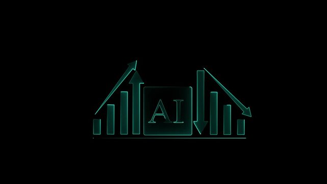 Glowing neon AI powered business Abstract business graph icon optimization, Cost reduction and Cost reduction and Quality control, AI graph neon cost and quality . 4k video black background .
